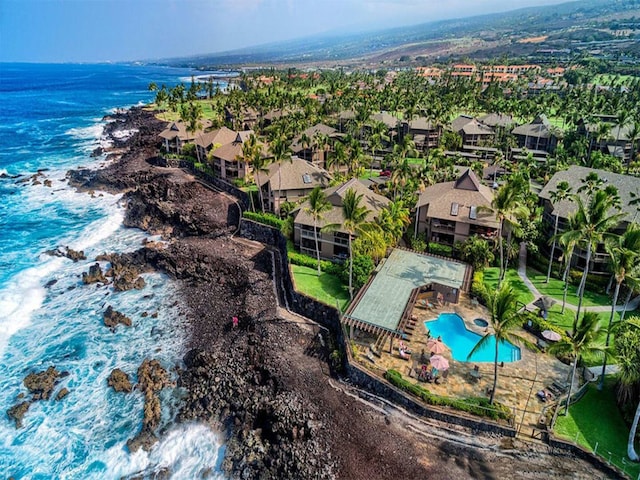 birds eye view of property with a water view and a residential view