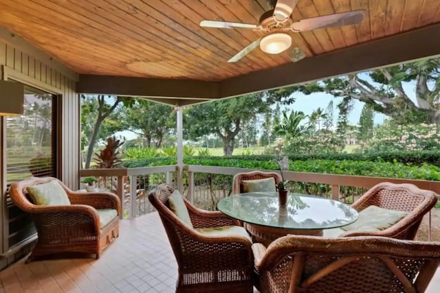 sunroom / solarium with ceiling fan and wood ceiling