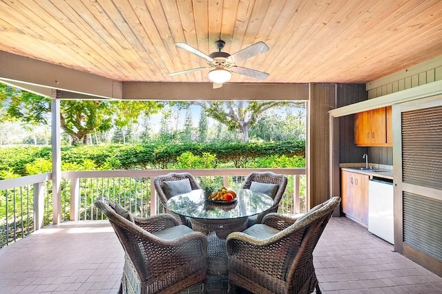 sunroom with a ceiling fan, a wealth of natural light, wood ceiling, and a sink