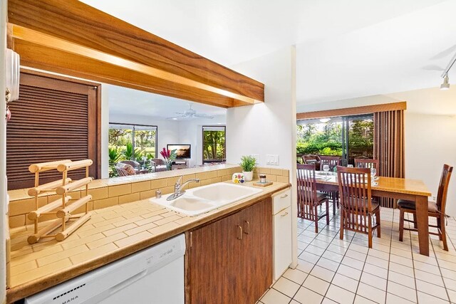 kitchen with white dishwasher, rail lighting, sink, light tile flooring, and ceiling fan