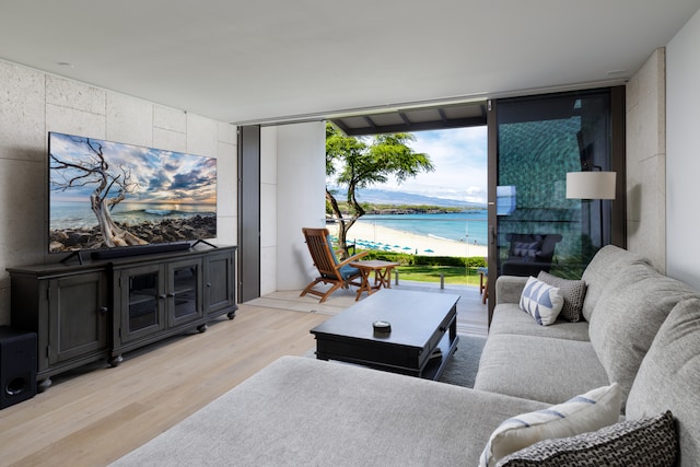 living room with light hardwood / wood-style flooring, a wall of windows, and a water view