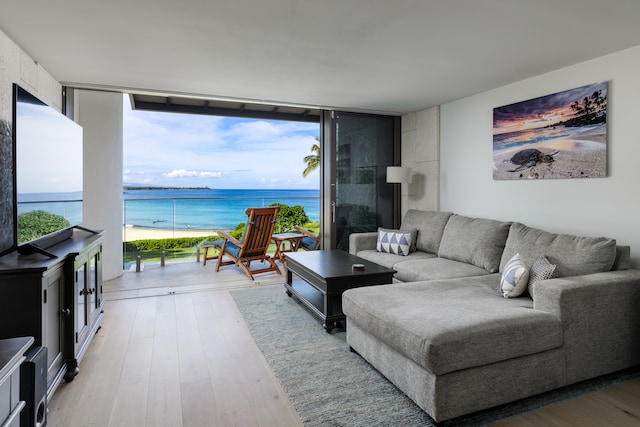 living room with a water view, hardwood / wood-style floors, and floor to ceiling windows