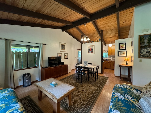 living room featuring wooden ceiling, wood-type flooring, and vaulted ceiling with beams