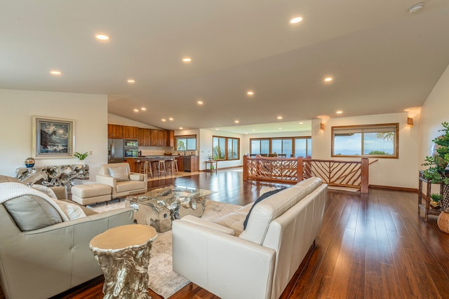 living room featuring plenty of natural light, vaulted ceiling, and dark hardwood / wood-style flooring