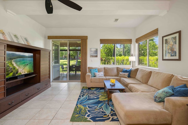 tiled living room featuring beamed ceiling and ceiling fan