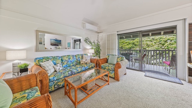 living room featuring carpet flooring and a wall mounted air conditioner