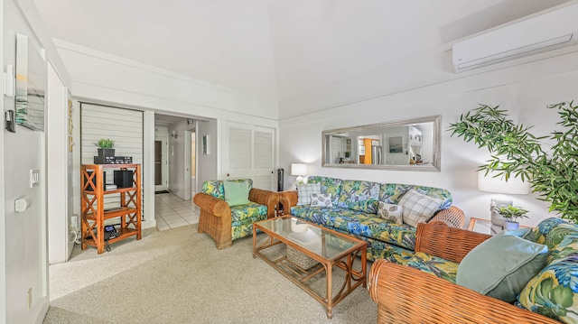 carpeted living room with a wall mounted air conditioner