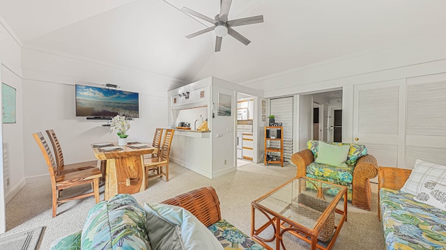 living room with high vaulted ceiling and ceiling fan