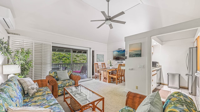 tiled living room featuring high vaulted ceiling, a wall unit AC, and ceiling fan