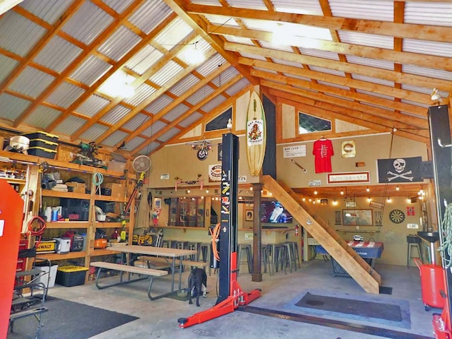 garage with a workshop area