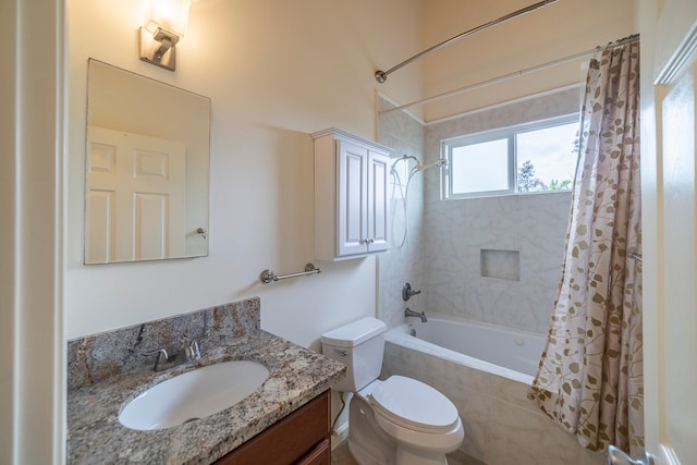 full bathroom with shower / bathtub combination with curtain, toilet, and large vanity