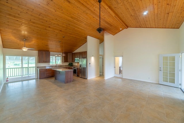 kitchen with stainless steel appliances, ceiling fan, wooden ceiling, high vaulted ceiling, and pendant lighting