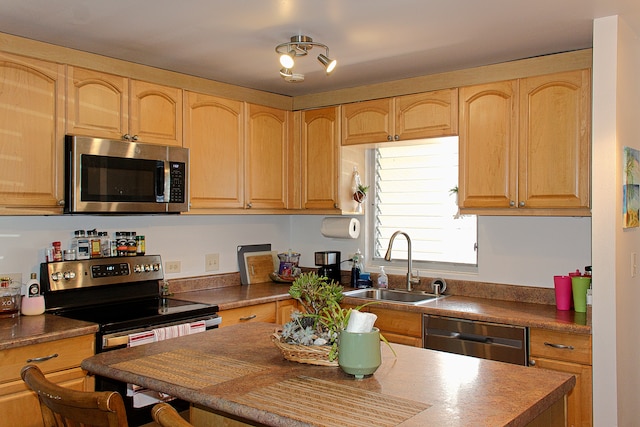 kitchen with appliances with stainless steel finishes, sink, and light brown cabinets