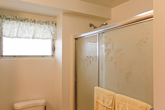 bathroom with toilet and a shower with door