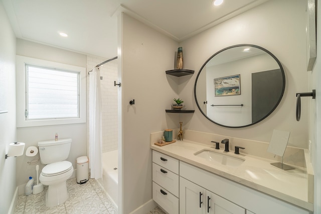 full bathroom with tile floors, shower / tub combo with curtain, vanity, and toilet