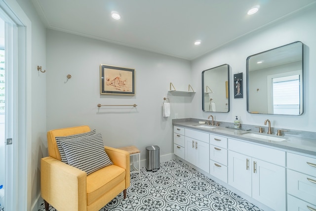 bathroom with tile floors and dual bowl vanity