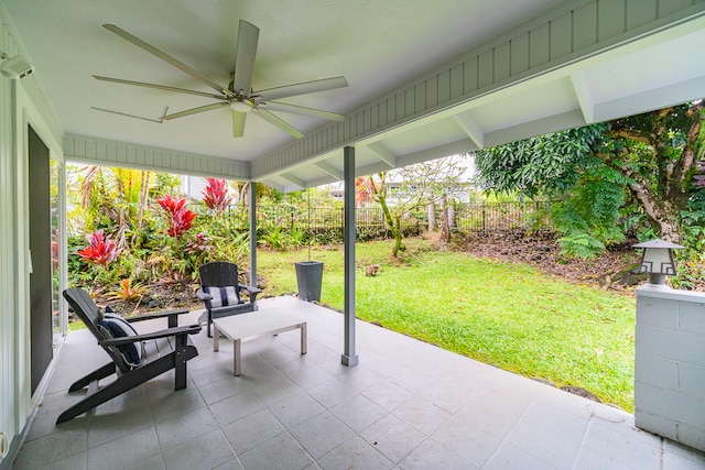 view of patio featuring ceiling fan