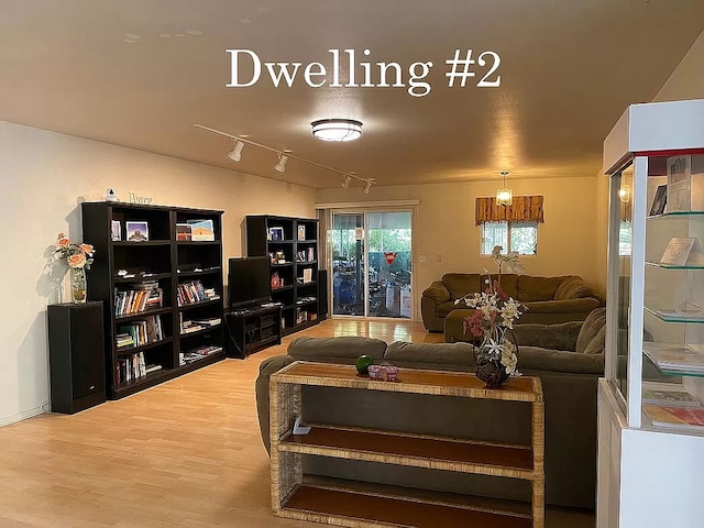 living room featuring light hardwood / wood-style floors and rail lighting