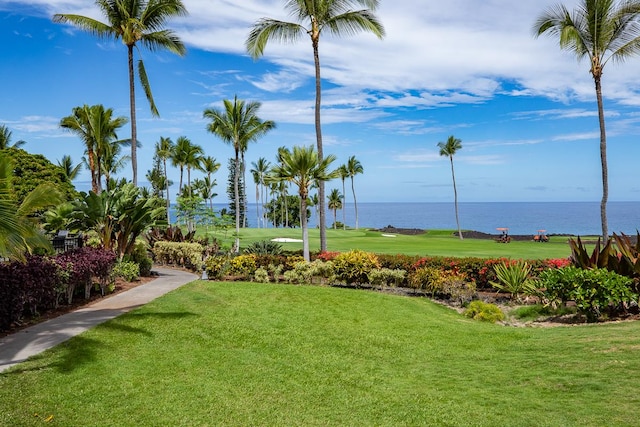 view of community featuring a yard and a water view