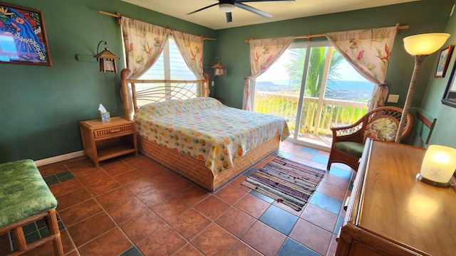 bedroom with access to outside, visible vents, ceiling fan, and baseboards