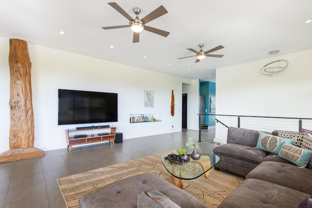 tiled living room featuring ceiling fan