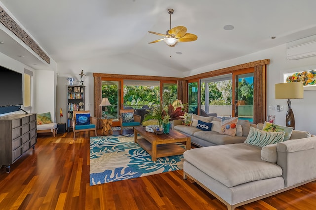 living room featuring dark hardwood / wood-style floors, ceiling fan, and vaulted ceiling