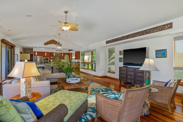 living room with vaulted ceiling, ceiling fan, and hardwood / wood-style flooring