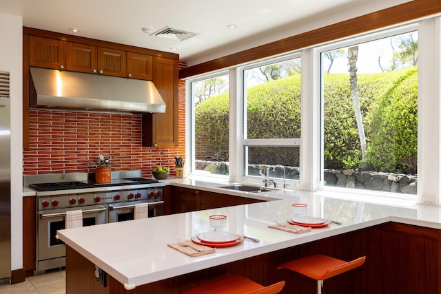 kitchen with a breakfast bar, range with two ovens, a healthy amount of sunlight, and sink