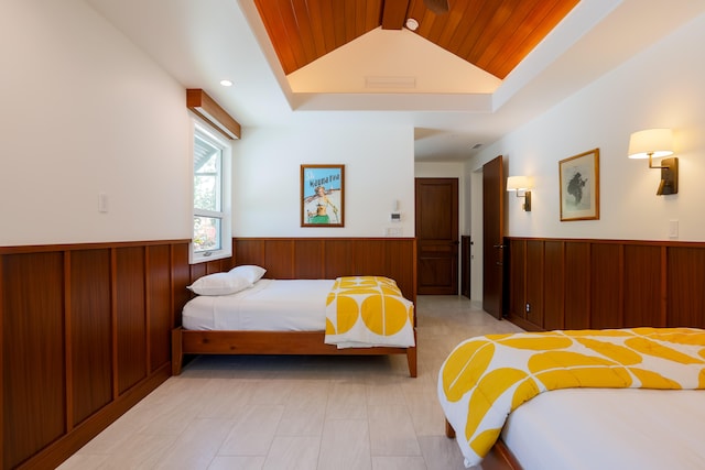 bedroom featuring wood ceiling, wood walls, and lofted ceiling with beams