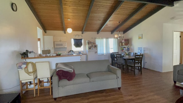 living room with a chandelier, lofted ceiling with beams, dark wood-type flooring, and wood ceiling