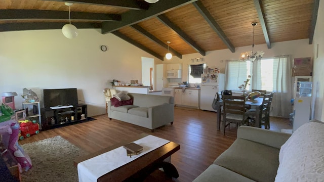 living room featuring vaulted ceiling with beams, dark hardwood / wood-style flooring, wood ceiling, and a notable chandelier