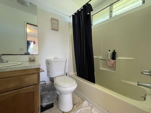 full bathroom featuring tile patterned flooring, vanity, toilet, and shower / tub combo with curtain