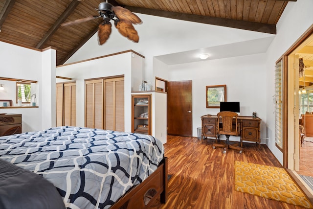 bedroom with hardwood / wood-style floors, beam ceiling, wood ceiling, and multiple windows