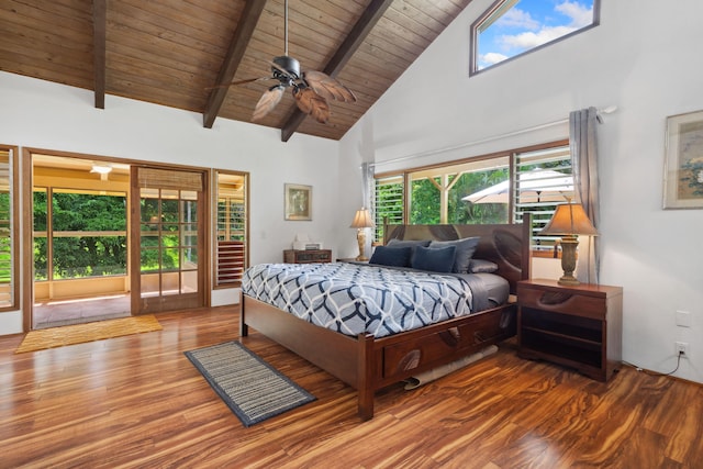 bedroom featuring access to outside, ceiling fan, beam ceiling, high vaulted ceiling, and hardwood / wood-style floors