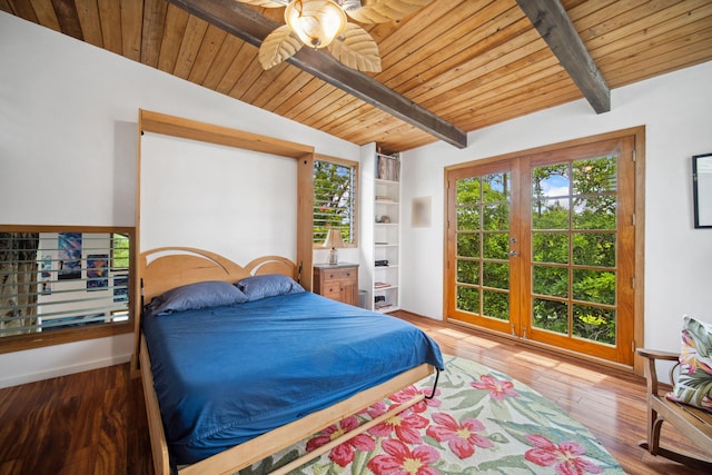 bedroom with hardwood / wood-style floors, lofted ceiling with beams, and wood ceiling