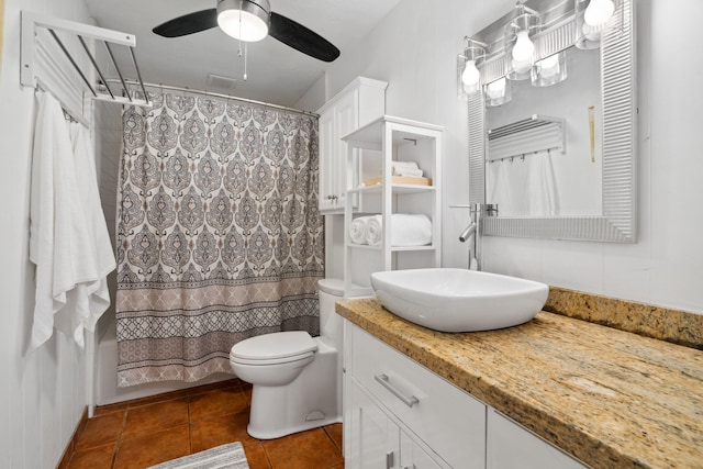 bathroom with tile patterned flooring, ceiling fan, toilet, and vanity