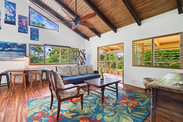 living room featuring high vaulted ceiling, ceiling fan, beam ceiling, wood-type flooring, and wood ceiling