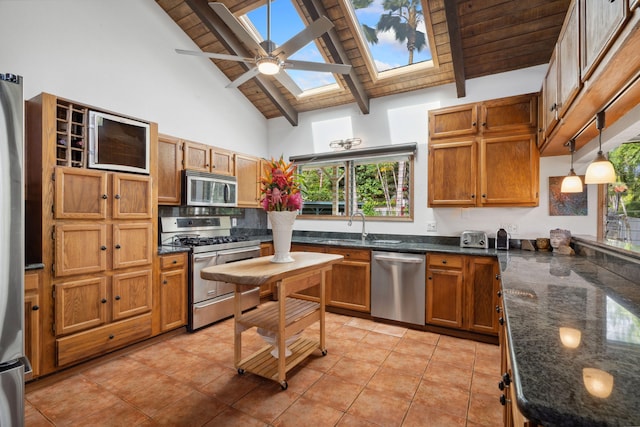 kitchen featuring a skylight, sink, stainless steel appliances, high vaulted ceiling, and decorative light fixtures