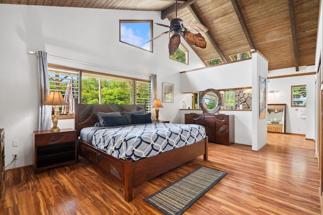 bedroom featuring ceiling fan, beamed ceiling, high vaulted ceiling, light hardwood / wood-style floors, and wood ceiling