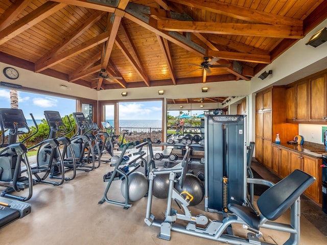 gym featuring ceiling fan, wood ceiling, and high vaulted ceiling