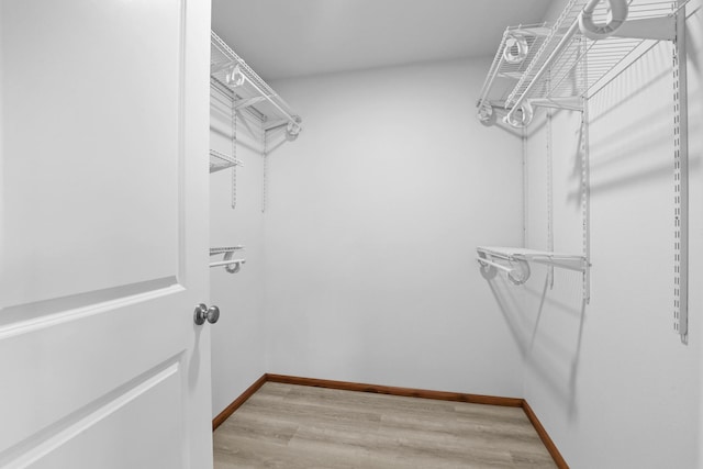 walk in closet with light hardwood / wood-style flooring