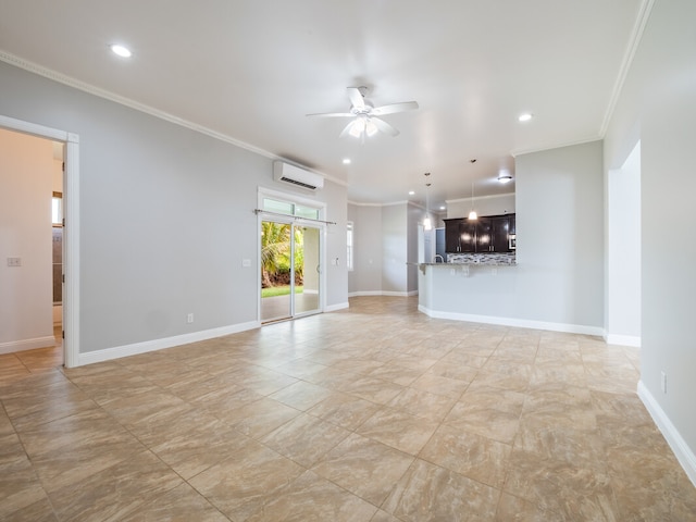 unfurnished living room featuring a wall mounted AC, ceiling fan, light tile floors, and crown molding