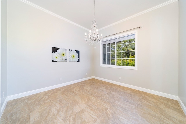 spare room featuring a notable chandelier, ornamental molding, and light tile floors