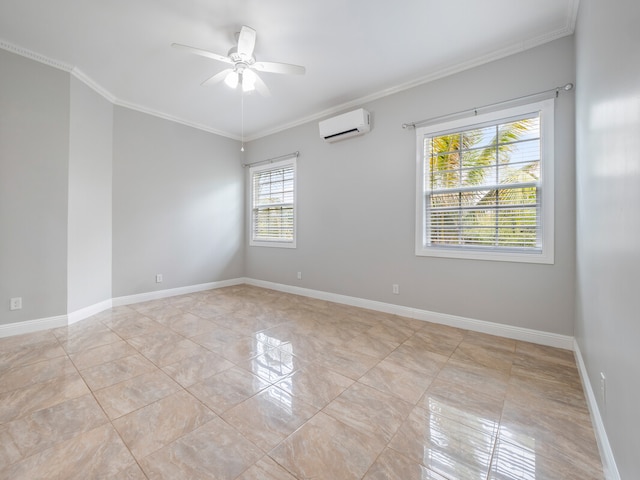 tiled empty room featuring ceiling fan, crown molding, and a wall mounted AC