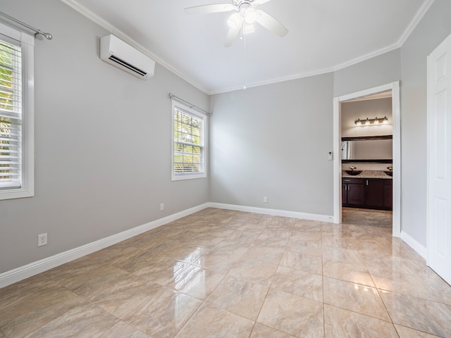 interior space featuring crown molding, a wall unit AC, and ceiling fan