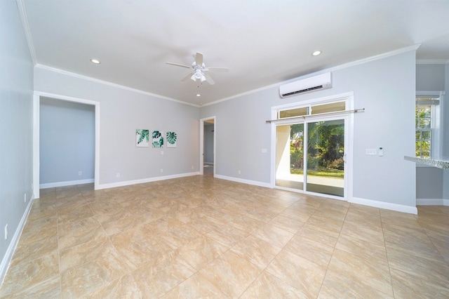 tiled empty room featuring a wall unit AC, ornamental molding, plenty of natural light, and ceiling fan