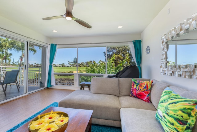 living room featuring hardwood / wood-style flooring and ceiling fan