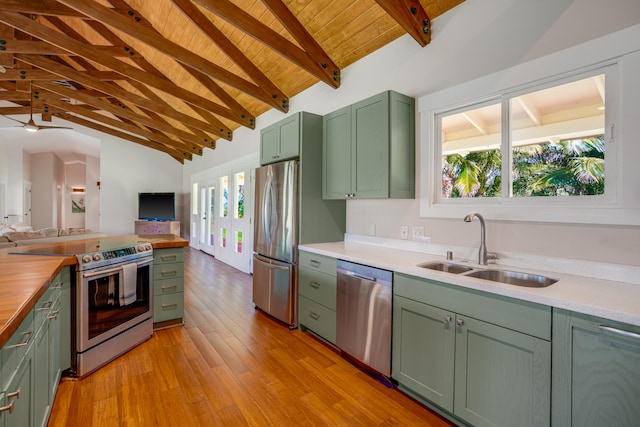 kitchen featuring sink, stainless steel appliances, lofted ceiling with beams, wood ceiling, and green cabinetry