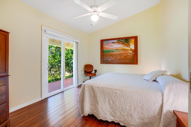 bedroom featuring access to exterior, ceiling fan, dark hardwood / wood-style flooring, and vaulted ceiling