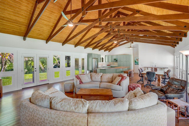 living room with french doors, wooden ceiling, beamed ceiling, high vaulted ceiling, and hardwood / wood-style flooring